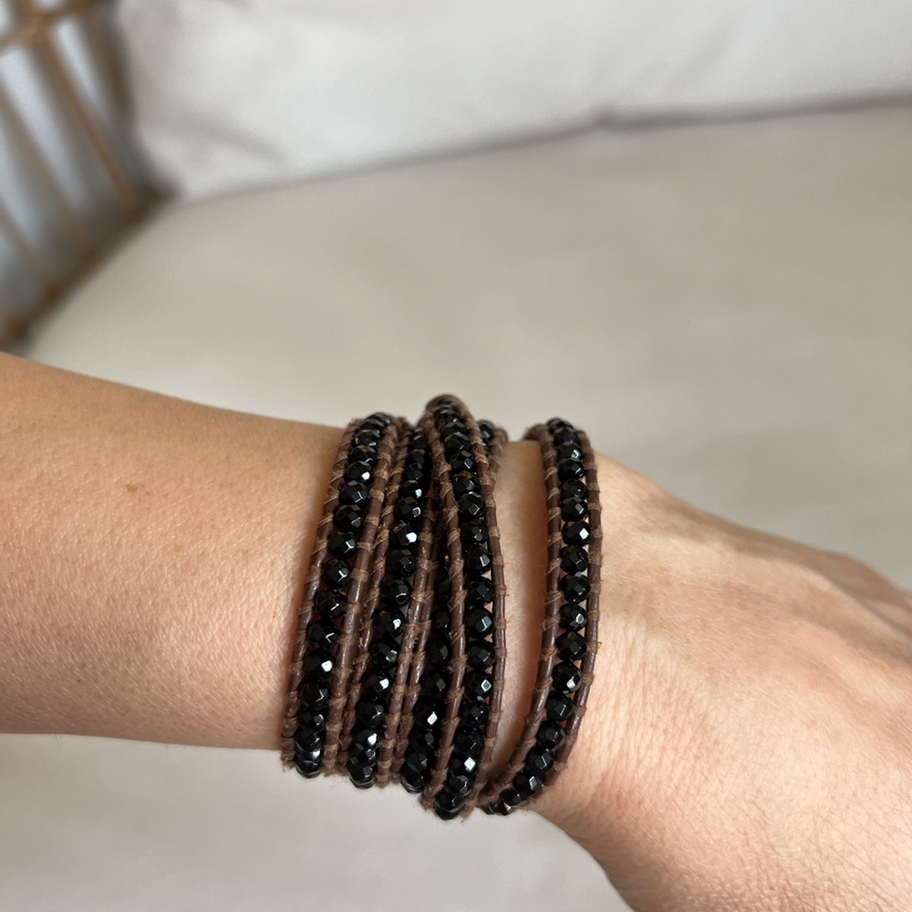 Blue Ruby Black Onyx stone/Bead Wrap Bracelet with Brown Leather